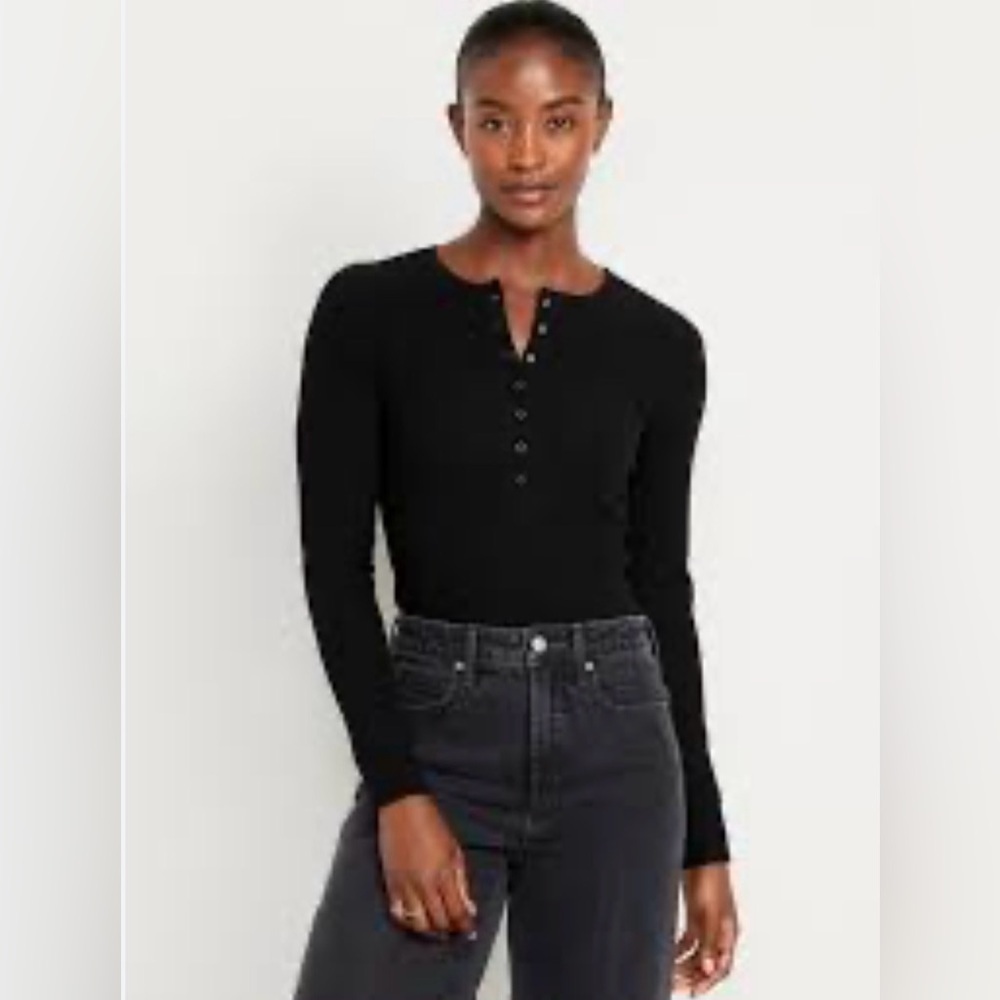 Good American Black Long Sleeve Ribbed Button Down Bodysuit Size 3